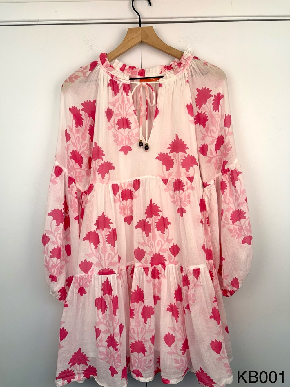 OLIPHANT Pink Floral Balloon Sleeve Tiered Mini Dress Size S